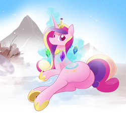 Size: 3000x2823 | Tagged: safe, artist:b-epon, imported from derpibooru, princess cadance, pony, butt, crystal, female, levitation, looking at you, looking back, lovebutt, magic, mare, on side, plot, side, smiling, snow, snowfall, solo, telekinesis, tundra