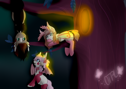 Size: 4092x2893 | Tagged: safe, artist:otpl, imported from derpibooru, oc, oc only, oc:heart ache, oc:sleepy dust, oc:whimsy whisky, bat pony, mothpony, original species, pony, absurd resolution, clothes, collar, flying, hanging, lying down, night, on back, on side, side, tree