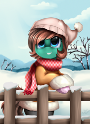 Size: 2550x3509 | Tagged: safe, artist:pridark, imported from derpibooru, oc, oc only, pony, beanie, bipedal, clothes, commission, fence, hat, looking up, mittens, pants, scarf, scenery, smiling, snow, solo, winter outfit