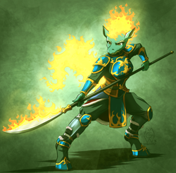 Size: 2375x2328 | Tagged: safe, artist:mykegreywolf, imported from derpibooru, tianhuo, anthro, longma, unguligrade anthro, them's fightin' herds, armor, clothes, community related, female, fire, request, requested art, solo, tianhuo (tfh)