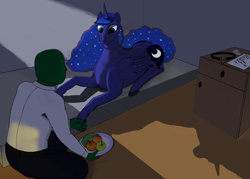 Size: 1664x1194 | Tagged: safe, imported from derpibooru, princess luna, oc, oc:anon, alicorn, human, pony, /mlp/, apple, clothes, female, food, male, mare, slavery