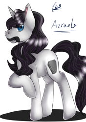 Size: 1748x2480 | Tagged: safe, artist:elaineuri, imported from derpibooru, oc, oc only, oc:azrael, pony, coffin, cutie mark, facial hair, long mane, simple background, solo