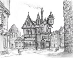 Size: 1500x1197 | Tagged: safe, artist:baron engel, imported from derpibooru, pony, a hearth's warming tail, architecture, grayscale, house, monochrome, pencil drawing, scenery, scenery porn, simple background, snow, snowfall frost's house, traditional art, white background