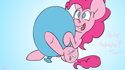 Size: 1920x1080 | Tagged: safe, artist:platenjack, imported from derpibooru, pinkie pie, earth pony, pony, balloon, cute, female, giggling, gradient background, hug, mare, open mouth, silly, sitting, smiling, snorting, solo, that pony sure does love balloons, underhoof