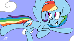 Size: 1920x1080 | Tagged: safe, artist:platenjack, imported from derpibooru, rainbow dash, pony, cloud, female, flying, sky, solo