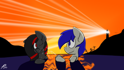 Size: 2560x1440 | Tagged: safe, artist:platenjack, imported from derpibooru, oc, oc only, oc:big mean pumpkin king, oc:platen, pegasus, pony, lighthouse, ocean, sunset, swim