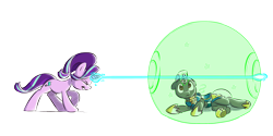 Size: 4000x2000 | Tagged: safe, artist:dilarus, deleted from derpibooru, imported from derpibooru, starlight glimmer, oc, oc:scope, pony, unicorn, armor, commission, eyes closed, force field, lying down, magic, magic blast, on side, overpowered, pew pew, royal guard, shield, side, simple background, transparent background, underhoof