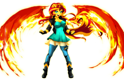 Size: 1024x663 | Tagged: safe, artist:animeclaro, imported from derpibooru, sunset shimmer, equestria girls, breasts, busty sunset shimmer, cleavage, clothes, female, fiery wings, open mouth, ponied up, simple background, solo, sunset phoenix, transparent background