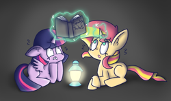 Size: 1757x1032 | Tagged: safe, artist:typhwosion, imported from derpibooru, sunset shimmer, twilight sparkle, alicorn, pony, black background, book, duo, female, lantern, levitation, magic, simple background, telekinesis, twilight sparkle (alicorn)