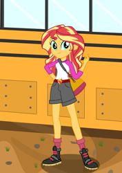 Size: 744x1052 | Tagged: safe, artist:h-ranadal, imported from derpibooru, sunset shimmer, equestria girls, legend of everfree, boots, bus, clothes, cute, duffle bag, female, shimmerbetes, smiling, socks, solo, waving