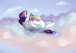 Size: 1753x1240 | Tagged: dead source, safe, artist:potates-chan, imported from derpibooru, rarity, spike, dragon, pony, unicorn, adorafatty, belly, belly bed, big belly, chubby, chubby cheeks, cloud, cute, duo, eyes closed, fat, female, kissing, male, mare, on back, raribetes, raritubby, shipping, sleeping, sparity, straight