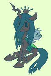 Size: 1087x1621 | Tagged: safe, artist:typhwosion, imported from derpibooru, queen chrysalis, changeling, changeling queen, crown, female, green background, jewelry, regalia, simple background, sitting, smiling, solo