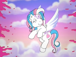 Size: 720x540 | Tagged: safe, imported from derpibooru, screencap, star catcher, pegasus, pony, friends are never far away, cloud, eyes closed, female, flying, food, g3, happy, ice cream, shaking, solo