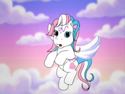 Size: 720x540 | Tagged: safe, imported from derpibooru, screencap, star catcher, pegasus, pony, friends are never far away, cloud, female, flying, g3, i can explain, looking at you, out of context, solo, surprised