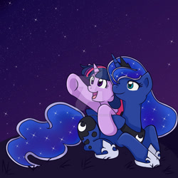Size: 1024x1024 | Tagged: safe, artist:yoshimarsart, imported from derpibooru, princess luna, twilight sparkle, female, lesbian, night, pointing, prone, shipping, stars, twiluna, watermark