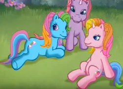 Size: 1019x737 | Tagged: safe, imported from derpibooru, screencap, cheerilee (g3), rainbow dash, rainbow dash (g3), rarity (g3), pony, butt, female, g3, g3 rainbutt dash, greetings from unicornia, lidded eyes, mare, out of context, plot