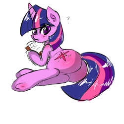 Size: 640x640 | Tagged: dead source, safe, artist:spottyfreak, imported from derpibooru, twilight sparkle, pony, book, butt, butt blush, female, plot, prone, question mark, solo, twibutt