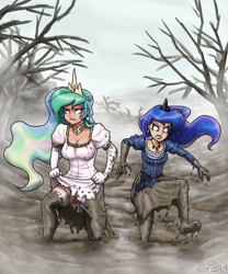 Size: 1800x2160 | Tagged: safe, artist:johnjoseco, artist:king-kakapo, color edit, edit, imported from derpibooru, princess celestia, princess luna, human, barefoot, celestia is not amused, clothes, colored, covered in mud, dirt, dirty, dirty feet, dress, feet, fog, frown, humanized, lipstick, messy, mud, redraw, socks, stockings, thigh highs, tree, unamused, wet and messy