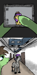 Size: 600x1205 | Tagged: safe, artist:thebathwaterhero, imported from derpibooru, oc, oc only, oc:brandy byte, oc:cold file, oc:tyra, pegasus, pony, zebra, cyoa:semantic error, amputee, apartment complex, artificial intelligence, cyberpunk, cyoa, pda, prosthetic limb, prosthetics, story included