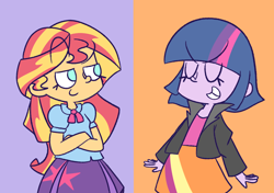 Size: 1176x830 | Tagged: safe, artist:typhwosion, imported from derpibooru, sunset shimmer, twilight sparkle, equestria girls, clothes swap