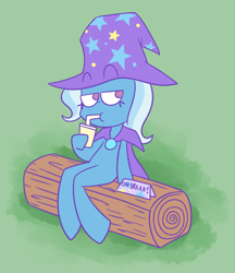 Size: 1280x1484 | Tagged: safe, artist:typhwosion, imported from derpibooru, trixie, semi-anthro, unicorn, drinking, female, log, mare, no pupils, sitting, solo, trixie's cape, trixie's hat