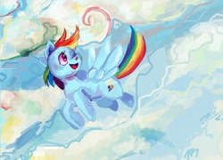 Size: 1280x920 | Tagged: safe, artist:cleo-catra, imported from derpibooru, rainbow dash, pony, cloud, female, flying, solo