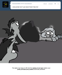 Size: 666x800 | Tagged: safe, artist:egophiliac, imported from derpibooru, princess luna, oc, oc:frolicsome meadowlark, oc:sunshine smiles (egophiliac), bat pony, pony, moonstuck, alliteration, filly, grayscale, magic, monochrome, rock, trapped, woona, woonoggles, younger