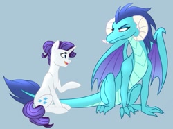 Size: 1163x863 | Tagged: safe, artist:tamersworld, imported from derpibooru, princess ember, rarity, dragon, sitting, story included, talking