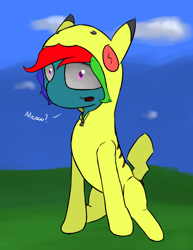 Size: 722x933 | Tagged: safe, artist:mrpancakewolfie, imported from derpibooru, rainbow dash, pony, clothes, costume, crossover, female, grass, kigurumi, pokémon, sitting, solo