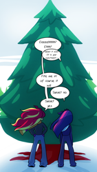 Size: 720x1280 | Tagged: safe, artist:little-tweenframes, deleted from derpibooru, imported from derpibooru, sci-twi, sunset shimmer, twilight sparkle, series:sciset diary, equestria girls, christmas tree, christmas vacation, clothes, coat, dialogue, female, fight me, from behind, lesbian, no, pine tree, scarf, scitwishimmer, shipping, snow, sunsetsparkle, this will end in tears and/or death and/or covered in tree sap, tree, yes