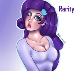 Size: 1024x959 | Tagged: safe, artist:shugoii, imported from derpibooru, rarity, human, breasts, busty rarity, cleavage, clothes, duckface, eyeshadow, female, humanized, kissy face, makeup, one eye closed, shirt, solo, wink