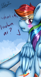 Size: 780x1450 | Tagged: safe, artist:elainenuri, imported from derpibooru, rainbow dash, pony, backwards cutie mark, blushing, cloud, ear fluff, female, looking back, solo