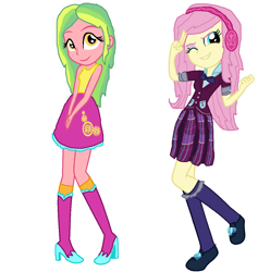 Size: 1098x1159 | Tagged: safe, artist:diana173076, imported from derpibooru, fluttershy, lemon zest, equestria girls, boots, clothes, clothes swap, crystal prep academy uniform, headphones, high heel boots, high heels, pleated skirt, school uniform, shoes, simple background, skirt, socks, tanktop, white background