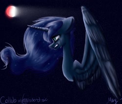 Size: 1685x1445 | Tagged: safe, artist:seriouslygoofy101, artist:underdise, imported from derpibooru, princess luna, pony, collaboration, crying, female, floppy ears, gritted teeth, lineless, moon, solo, space, spread wings