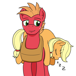 Size: 1280x1280 | Tagged: safe, artist:mkogwheel, imported from derpibooru, applejack, big macintosh, earth pony, pony, carrying, cute, hatless, male, missing accessory, pony pillow, siblings, simple background, sleeping, snoring, stallion, teenage applejack, teenage big macintosh, white background, zzz