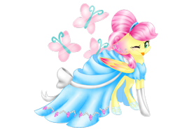 Size: 1024x768 | Tagged: dead source, safe, artist:themagicfantasy, imported from derpibooru, fluttershy, pony, alternate hairstyle, blue dress, cinderella, cindershy, clothes, cutie mark background, dress, female, glass slipper (footwear), gloves, one eye closed, pinkie tales, simple background, solo, stockings, tongue out, transparent background, wink