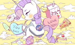 Size: 1600x960 | Tagged: safe, artist:yioyio, imported from derpibooru, rarity, pony, drinking straw, female, food, heart, nasa, nike, pizza, solo