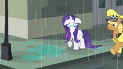 Size: 1280x720 | Tagged: safe, imported from derpibooru, screencap, rarity, pony, rarity takes manehattan, floppy ears, generosity song, sad, wet, wet mane, wet mane rarity