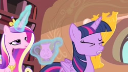 Size: 1280x720 | Tagged: safe, imported from derpibooru, screencap, princess cadance, twilight sparkle, alicorn, pony, three's a crowd, context is for the weak, glass of water, magic, no context, out of context, sisters-in-law, teapot, telekinesis, twilight sparkle (alicorn)