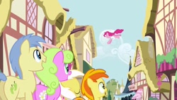 Size: 1280x720 | Tagged: safe, imported from derpibooru, screencap, daisy, flower wishes, goldengrape, peachy pie, pinkie pie, sir colton vines iii, sunny daze, pony, pinkie pride, pinkie the party planner