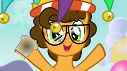 Size: 1280x720 | Tagged: safe, imported from derpibooru, screencap, cheese sandwich, pony, pinkie pride, balloon, cheese confesses, cheese sandwich (food), colt, food, glasses, hat, jester hat, male, sandwich, solo, younger