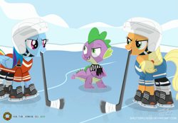 Size: 2831x1973 | Tagged: safe, artist:shutterflyeqd, imported from derpibooru, applejack, rainbow dash, spike, clothes, helmet, hockey, hockey stick, ice, ice skates, mouth hold, puck, referee, snow, sports