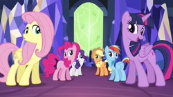 Size: 1280x720 | Tagged: safe, imported from derpibooru, screencap, applejack, fluttershy, pinkie pie, rainbow dash, rarity, twilight sparkle, alicorn, pony, twilight's kingdom, female, let the rainbow remind you, mane six, twilight sparkle (alicorn)