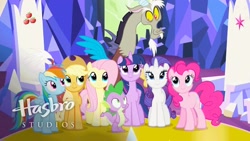 Size: 1920x1080 | Tagged: safe, imported from derpibooru, screencap, applejack, discord, fluttershy, pinkie pie, rainbow dash, rarity, spike, twilight sparkle, alicorn, pony, twilight's kingdom, hasbro studios, let the rainbow remind you, mane seven, mane six, twilight sparkle (alicorn)