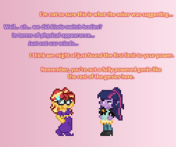 Size: 504x423 | Tagged: safe, artist:verve, imported from derpibooru, sci-twi, sunset shimmer, twilight sparkle, genie, ain't never had friends like us, equestria girls, ask, body swap, glasses, pixel art, shantae, tumblr