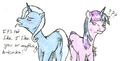 Size: 1082x550 | Tagged: safe, artist:azkre, imported from derpibooru, trixie, twilight sparkle, pony, unicorn, baka, blushing, dialogue, duo, eyes closed, female, lesbian, mare, open mouth, shipping, simple background, traditional art, tsundere, tsunderixie, twixie, unicorn twilight, white background