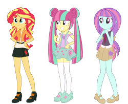 Size: 3700x3000 | Tagged: safe, artist:luckyclau, imported from derpibooru, sour sweet, sunny flare, sunset shimmer, equestria girls, alternate hairstyle, alternate universe, clothes, freckles, simple background, transparent background, vector