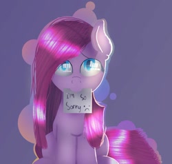 Size: 1003x955 | Tagged: safe, artist:victoriathething, imported from derpibooru, pinkie pie, pony, :c, eye reflection, female, looking at you, looking up, mouth hold, note, pinkamena diane pie, sitting, solo, sorry