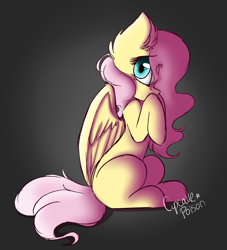 Size: 2278x2512 | Tagged: safe, artist:xcupcakepoison, imported from derpibooru, fluttershy, pony, cute, female, gradient background, hooves to the chest, looking at you, missing cutie mark, profile, shy, shyabetes, sitting, solo