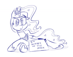 Size: 1280x994 | Tagged: safe, artist:dilarus, deleted from derpibooru, imported from derpibooru, princess luna, alicorn, pony, afraid of the dark, crossed hooves, irony, looking at you, monochrome, pony shaming, prone, sign, simple background, sketch, solo, white background